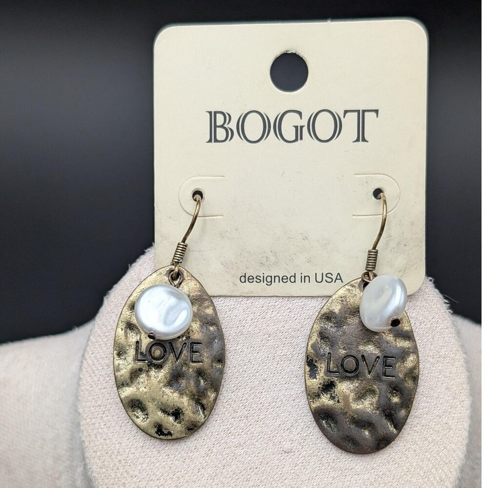 BOGOT Drop Earrings LOVE Brass Hammered Oval Dangle Faux Pearl Women's USA